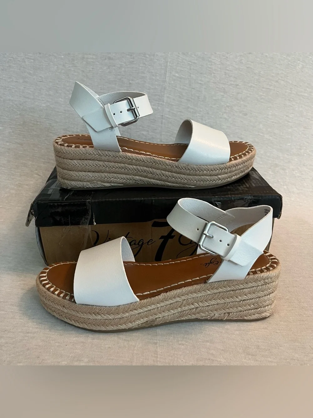 Vintage 7 Eight Luck White Espadrille Platform Sandals with Ankle Buckle